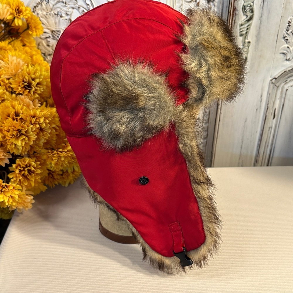 Red Faux Fur-Lined Trapper Hat